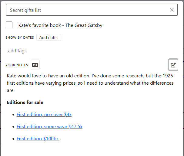 example item, The Great Gatsby with bullet list, bold text, and links